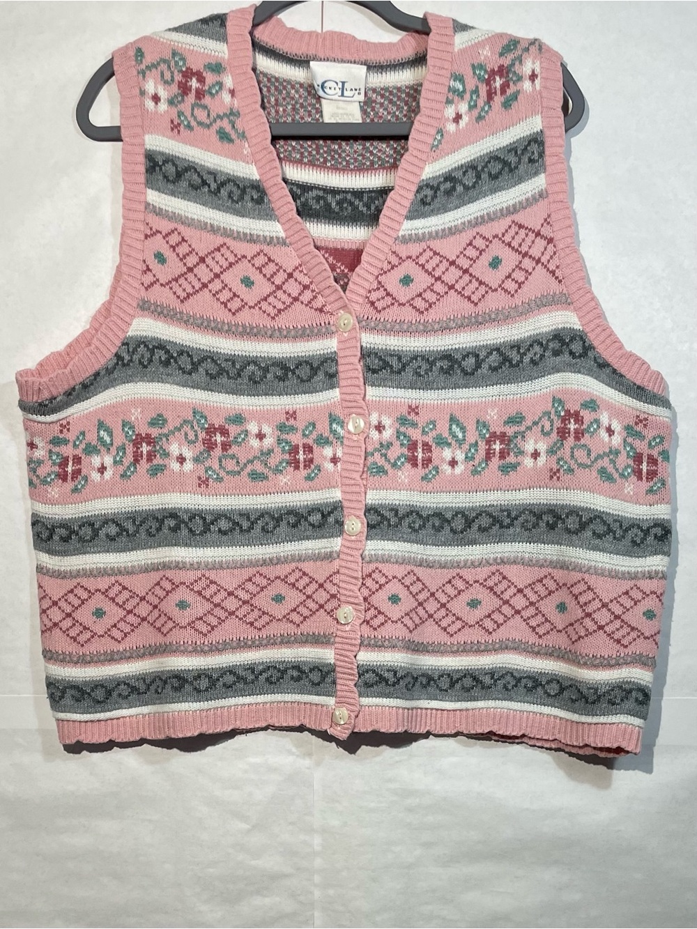 Vintage 1990s Cricket Lane Large Floral Pink & Grey Knit Sweater Vest GUC